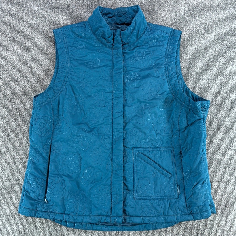 Liz Golf Womens Teal Blue Quilted Floral‎ Full Zip Mock Neck Vest Size M